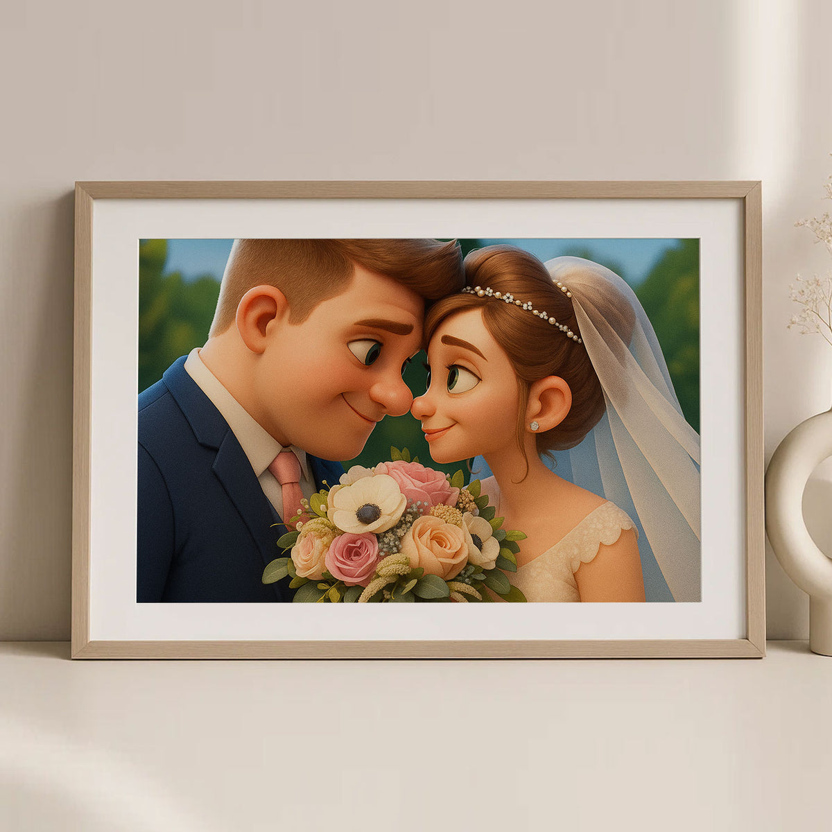 Charming Cartoon Wedding Art Print Featuring Happy Couple - Perfect Home Decor for Newlyweds
 - 4