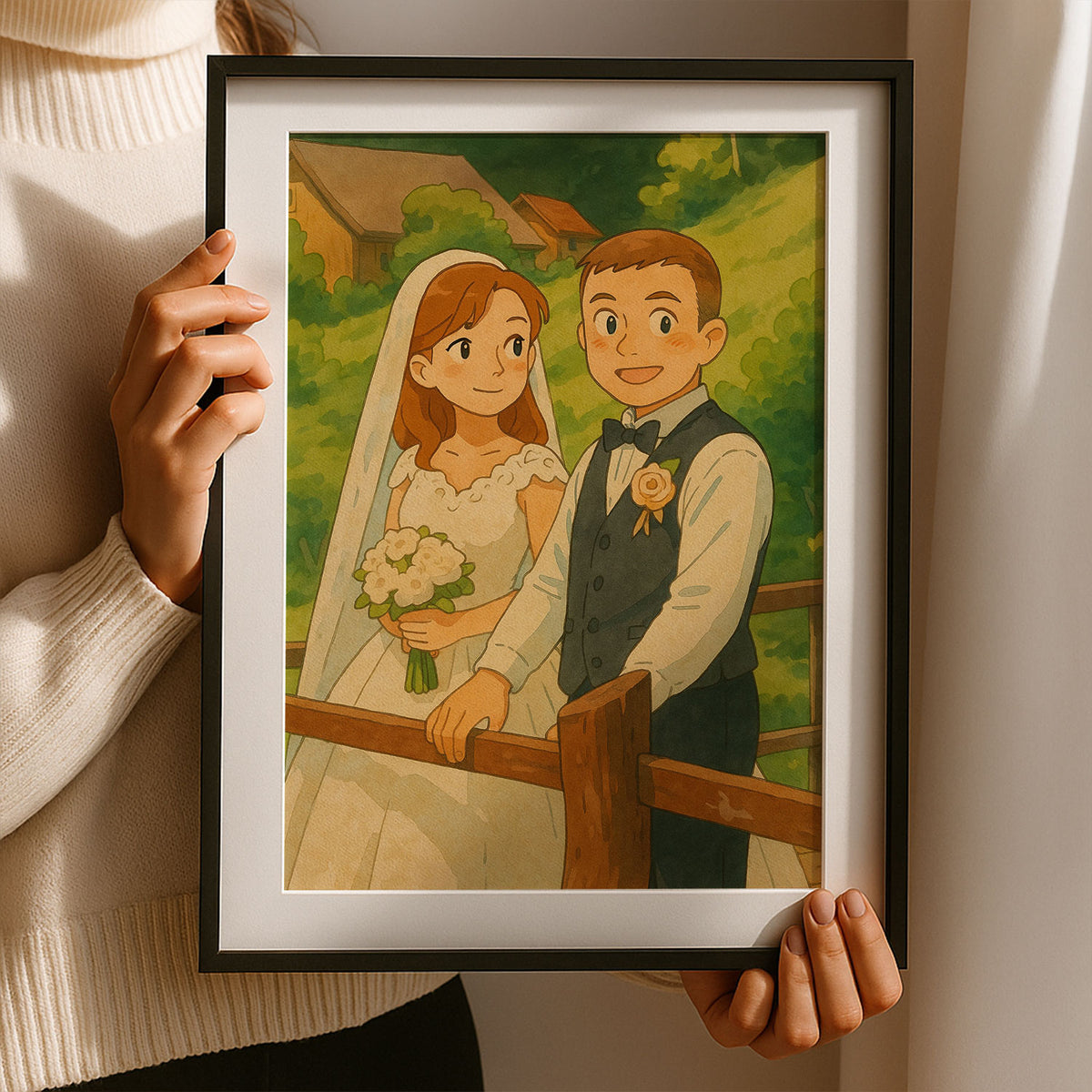 Charming Anime Wedding Portrait: Delightful Couple Illustration in Soft Colors and Joyful Style
 - 4