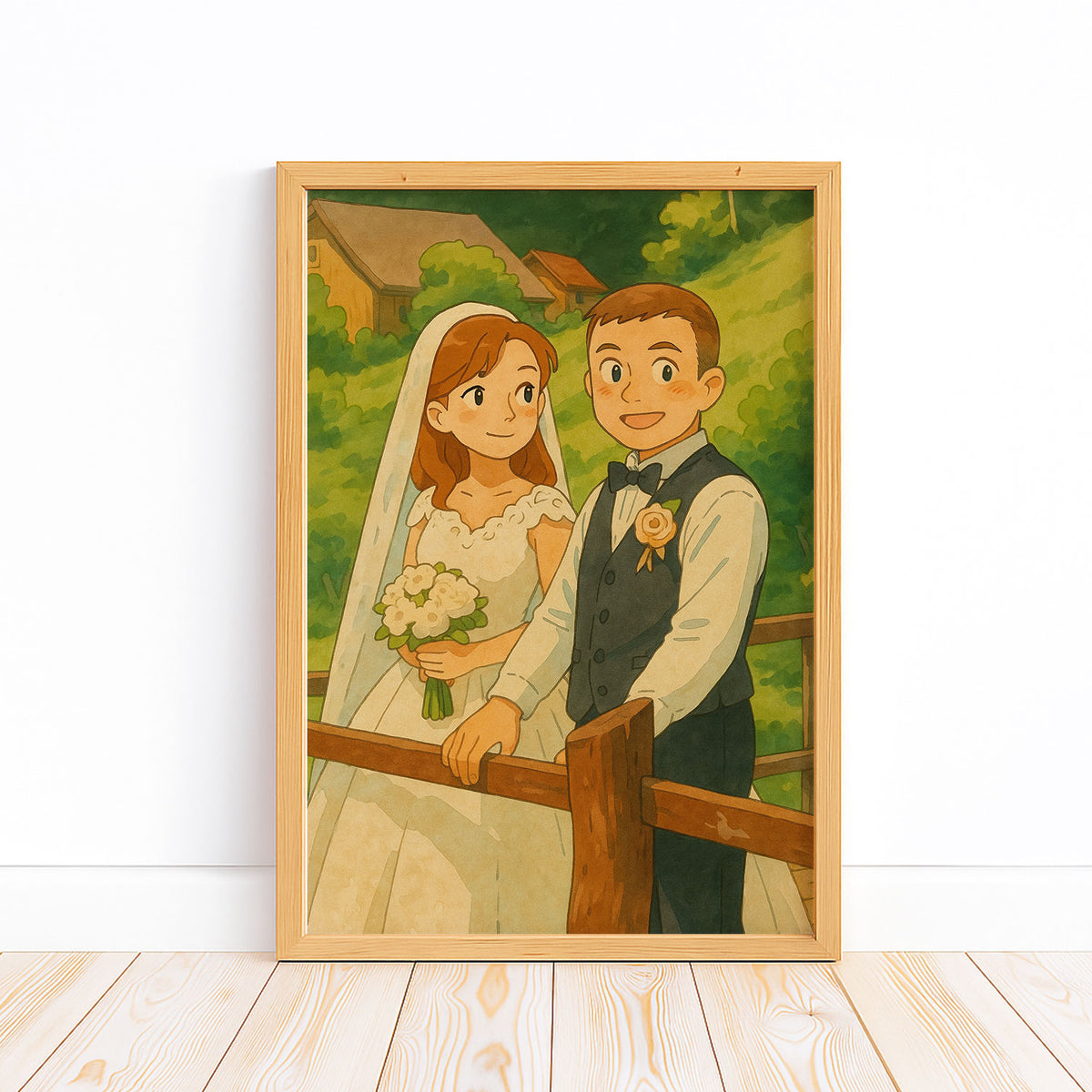 Charming Illustrated Wedding Portrait: Couple Embracing in Lush Greenery – Perfect for Home Decor and Gifts
 - 3