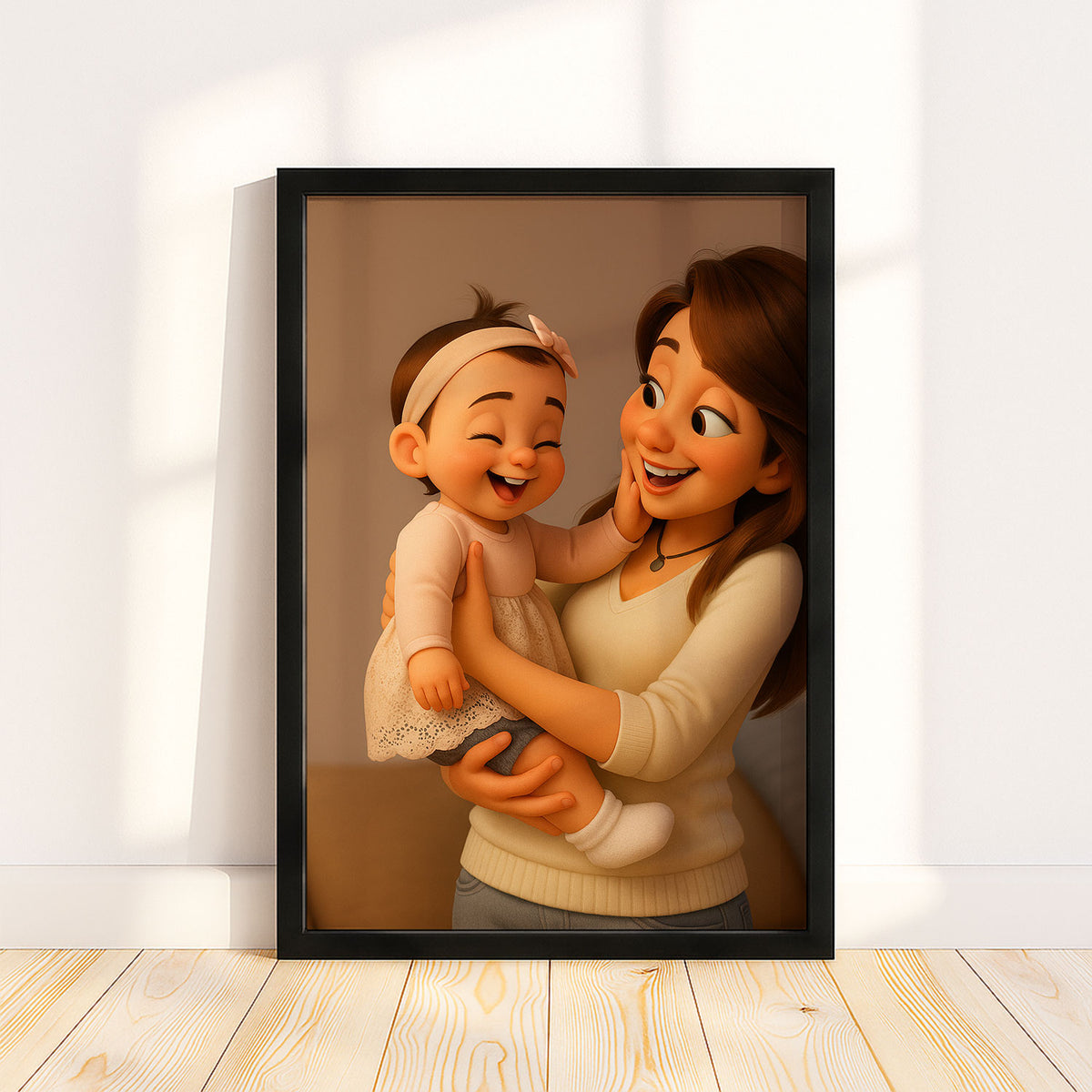 Heartwarming Cartoon Illustration of a Mother and Baby Sharing Joyful Moments – Ideal for Nursery Decor and Family Art
 - 4