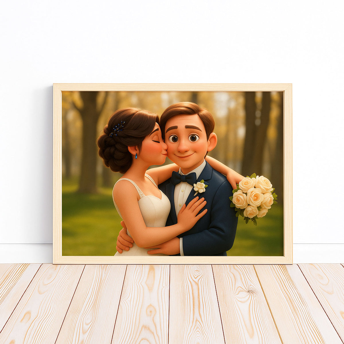 Charming Cartoon Wedding Art Print of a Happy Couple Embracing Love and Joy
 - 5