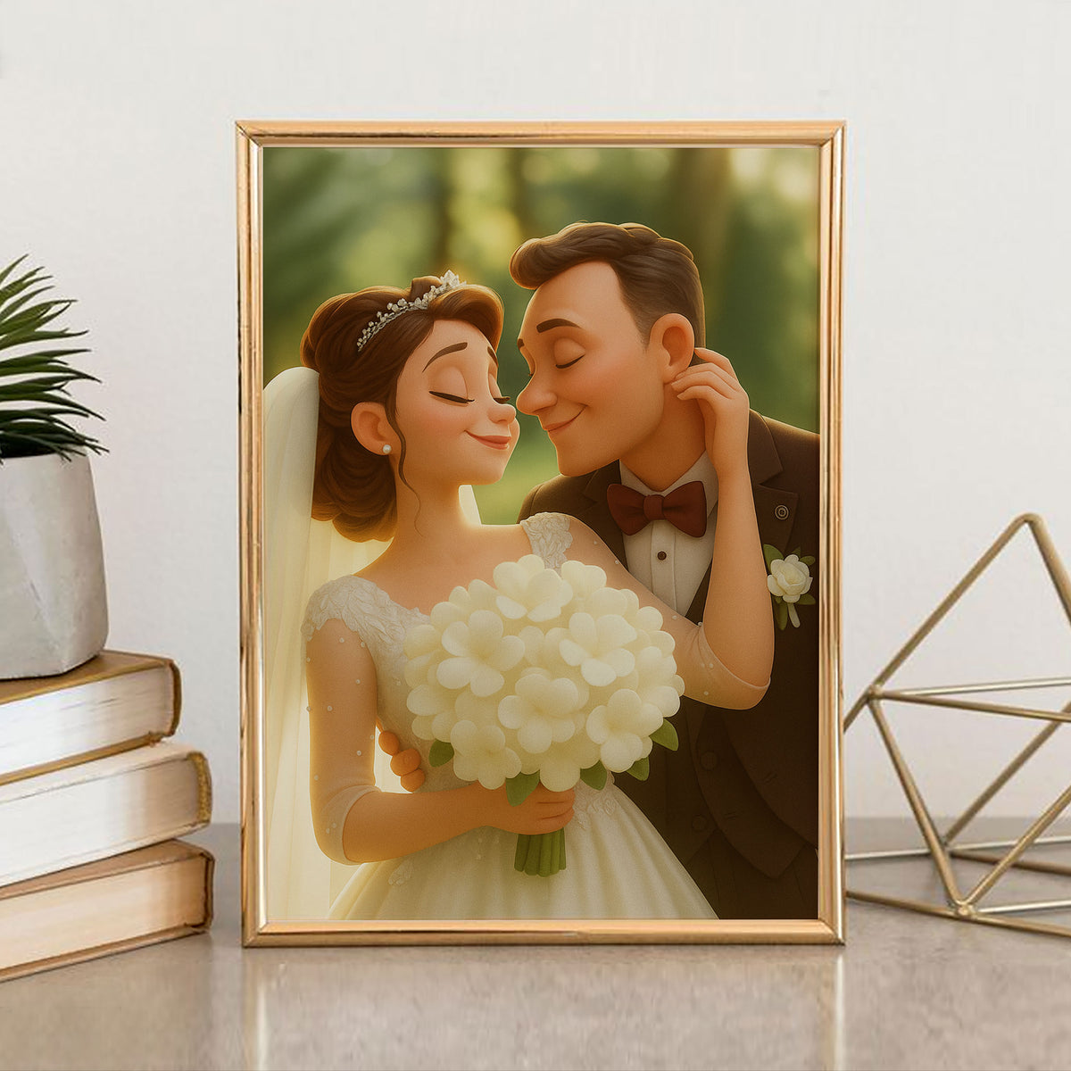 Charming Wedding Couple Portrait in Whimsical Style - Perfect Home Decor for Love and Romance
 - 5