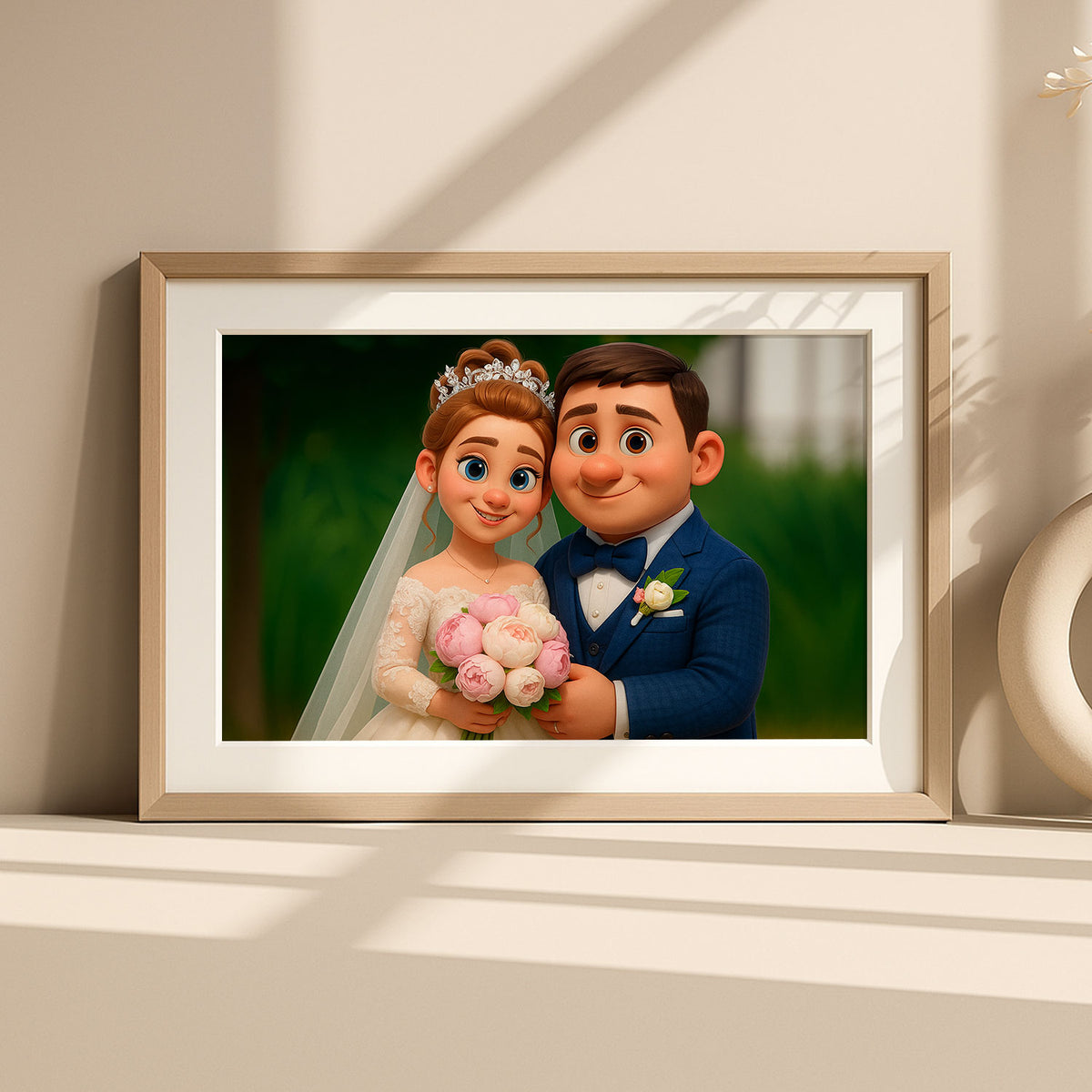 Charming Animated Wedding Portrait: Joyful Bride and Groom in Whimsical Illustration Style
 - 5