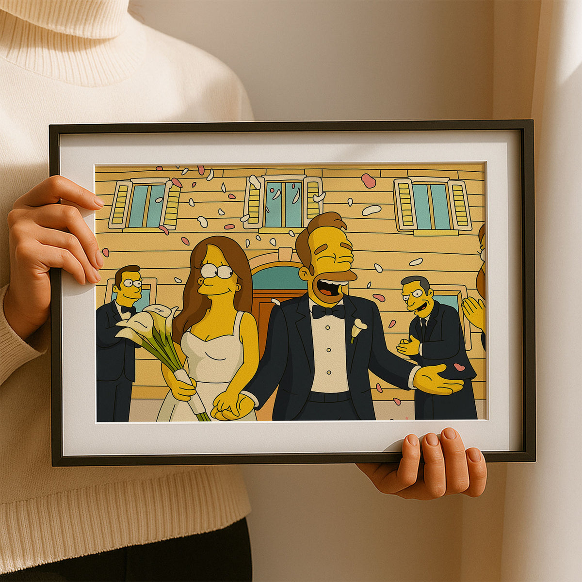 Whimsical Cartoon Wedding Art featuring Homer and Marge in Celebration - Simpsons-Inspired Marriage Scene Decor
 - 5