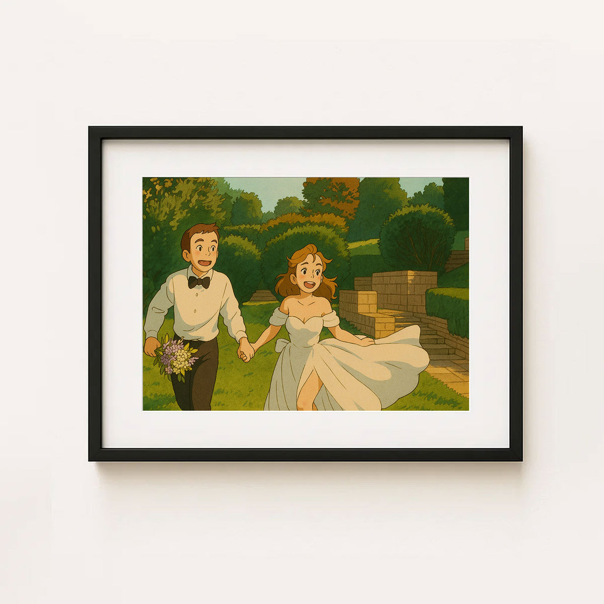 Charming Cartoon Wedding Art Print: Joyful Couple in Love Walking Together
 - 5