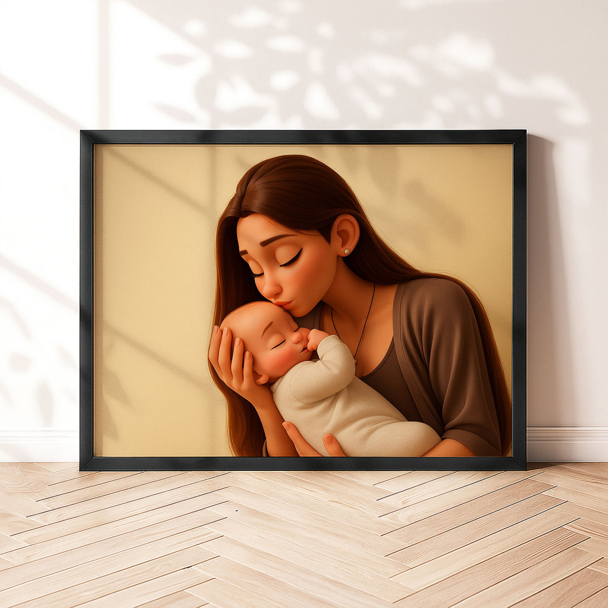 Heartwarming Cartoon Illustration of Mother and Baby Embracing – Perfect Wall Art for Family Love and Joy in Your Home
 - 5