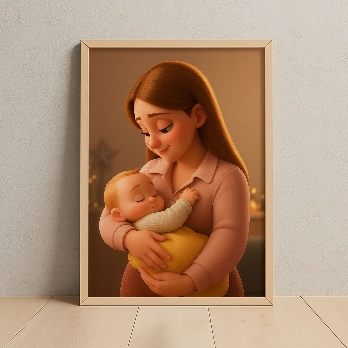 Beautiful Cartoon Art Print of a Loving Mom Embracing Her Baby – Perfect for Nursery Decor and Family Love Inspiration
 - 5