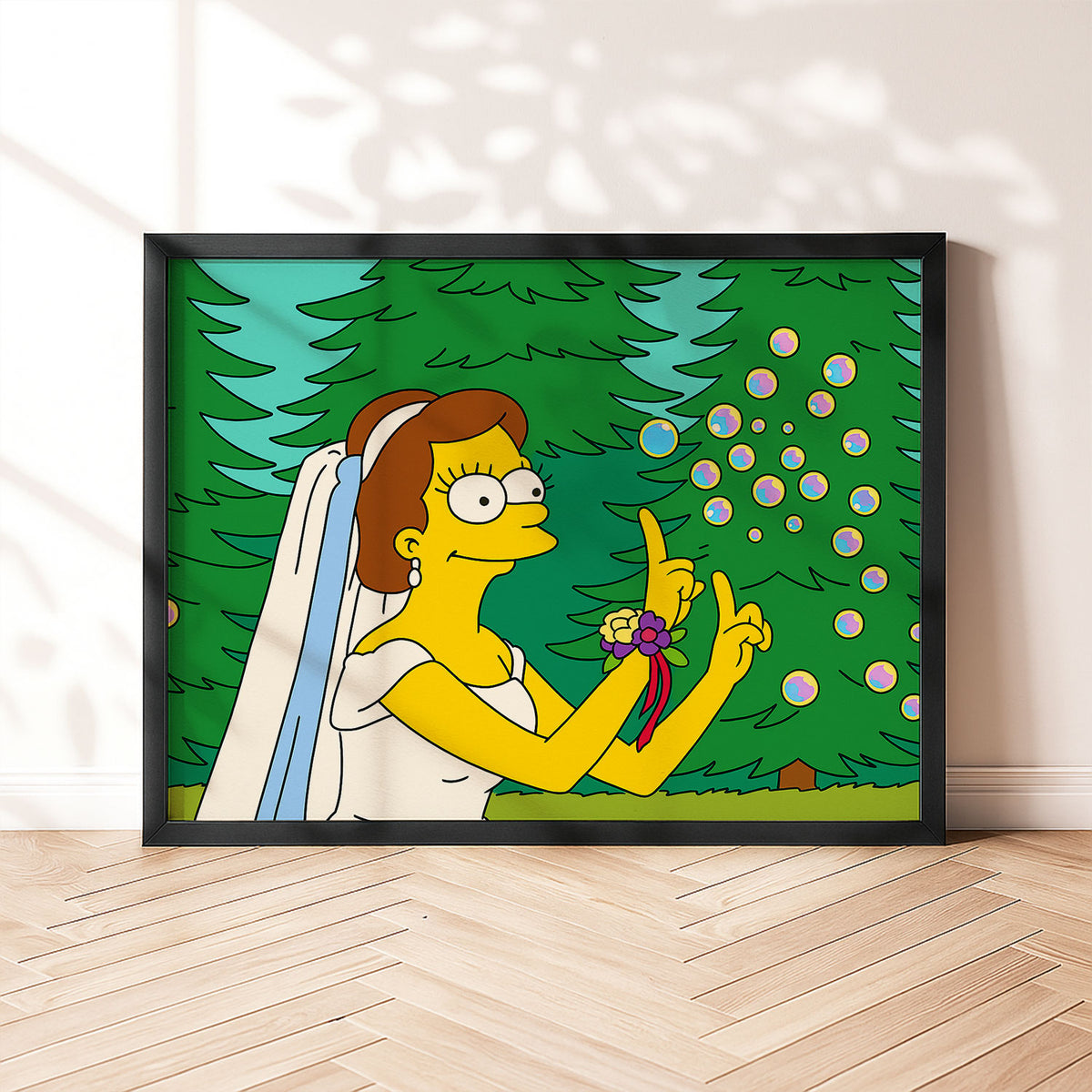Whimsical Simpsons-Inspired Wedding Art Print – Vibrant Cartoon Couple in Romantic Setting
 - 5