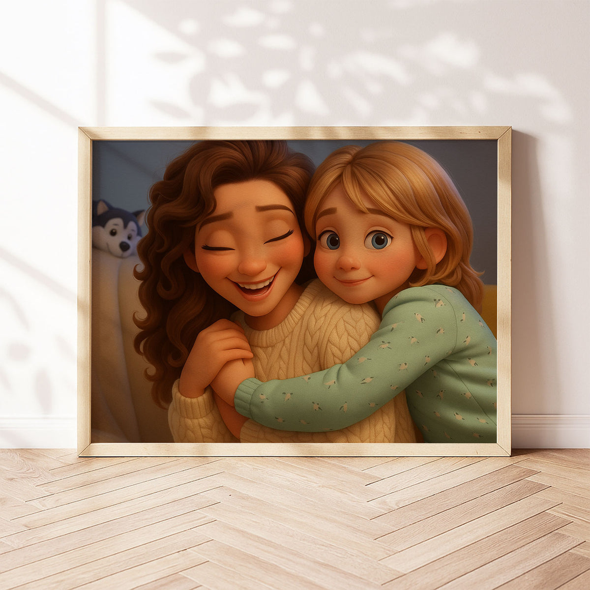Charming Cartoon Portrait of Two Sisters Embracing: A Heartwarming Art Print for Family Love
 - 5