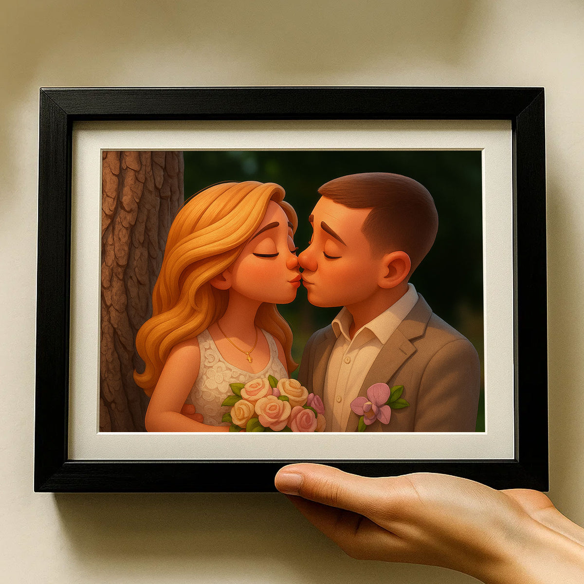 Charming Cartoon Couple Kissing: Romantic Art Print for Lovebirds and Wedding Decor
 - 4