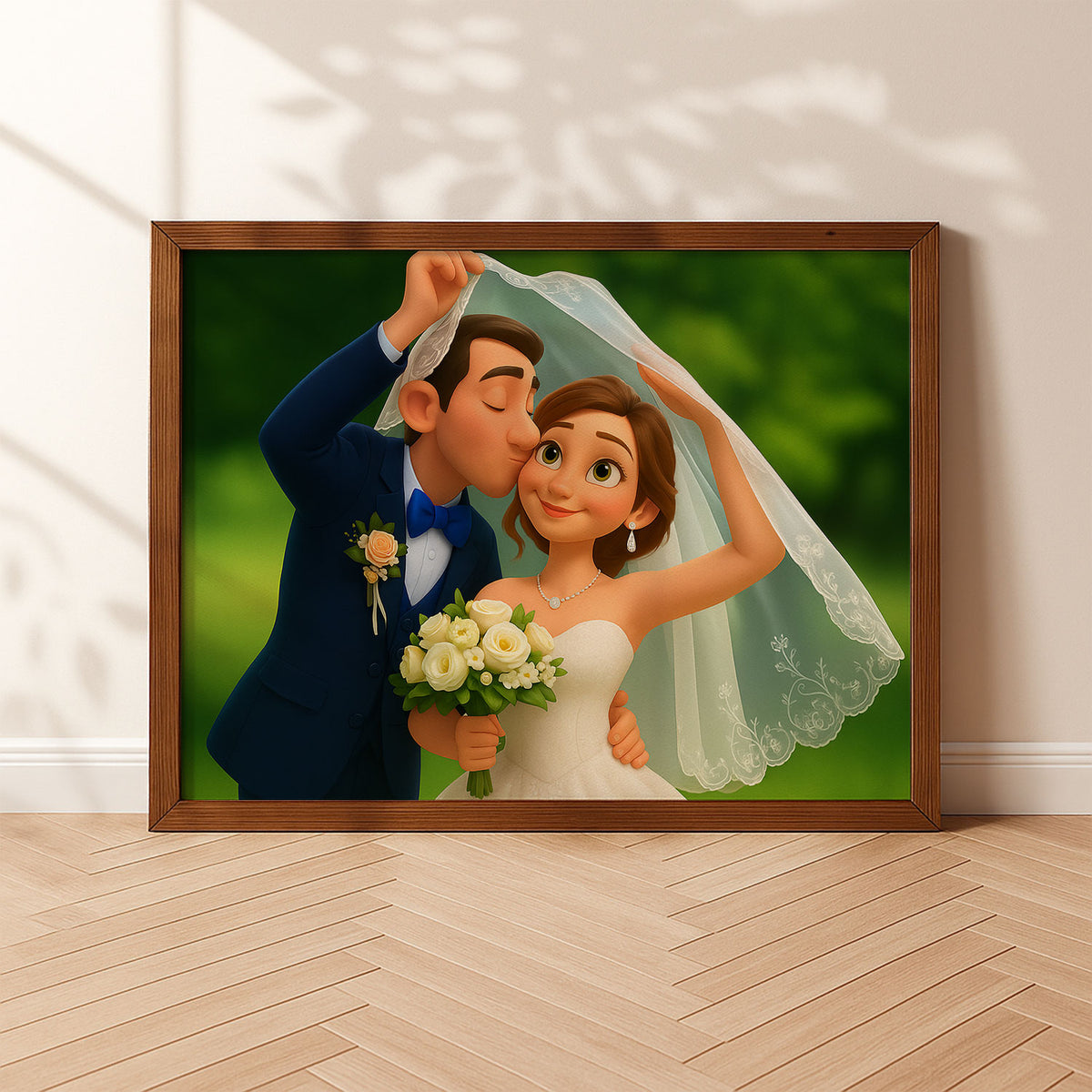 Charming Cartoon Wedding Art Print: Beautiful Bride and Groom in Vibrant Animation Style for Your Home Décor
 - 5