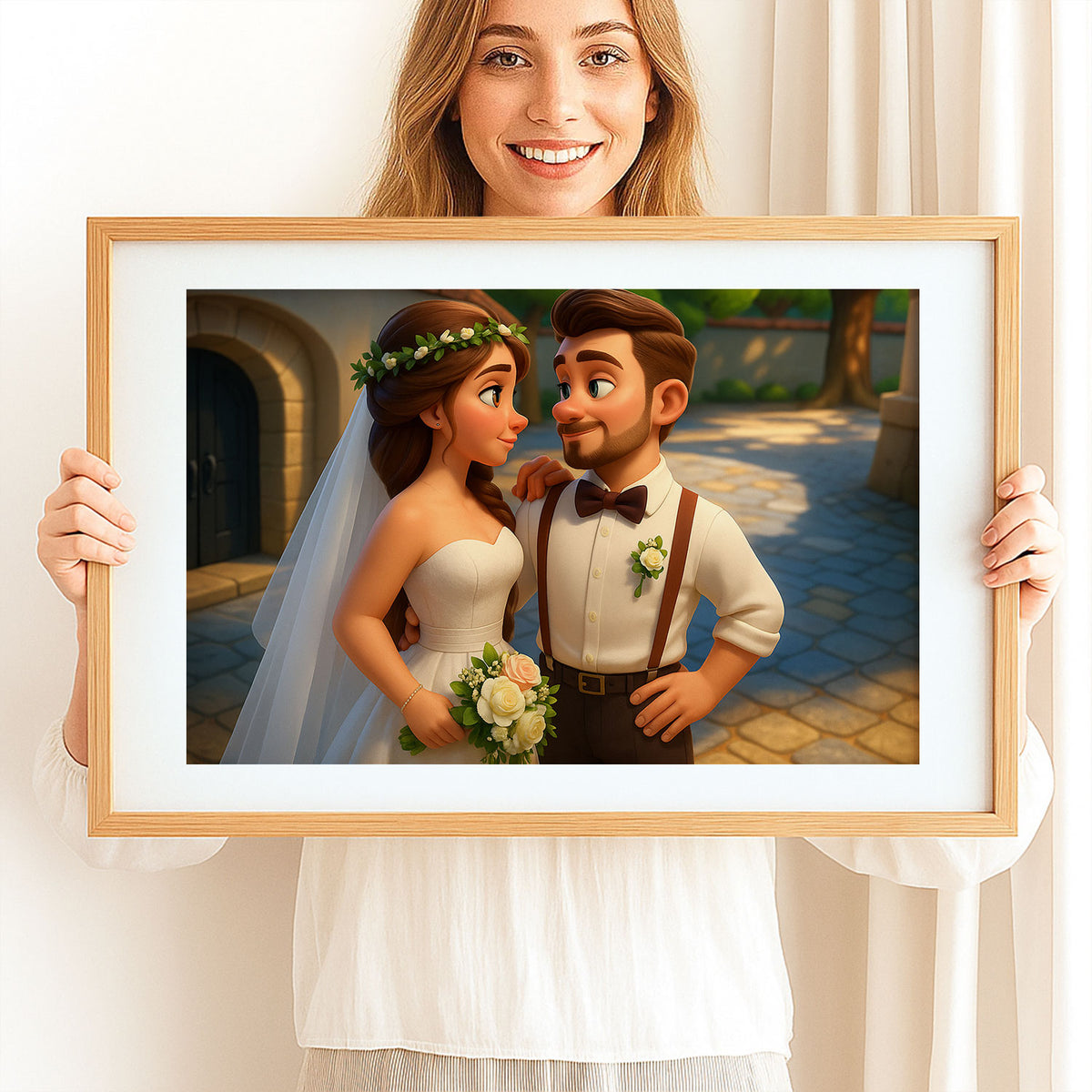 Charming Cartoon Wedding Portrait of a Bride and Groom in a Lush Forest Setting
 - 5