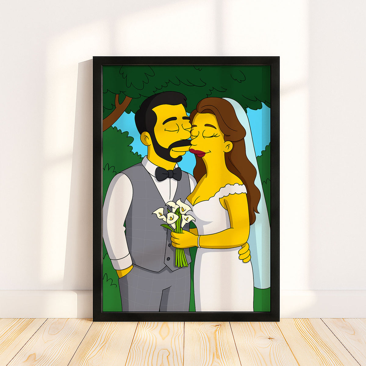 Whimsical Cartoon Wedding Art Print of Homer and Marge Simpson Kissing in Vibrant Colors
 - 5