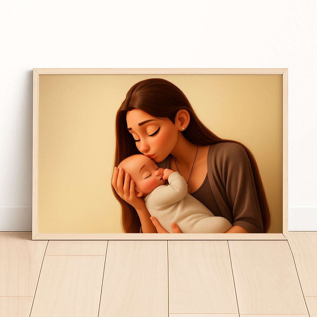 Heartwarming Cartoon Art Print of a Loving Mother Kissing Her Baby – Perfect Nursery Decor for a Cozy Home
 - 5