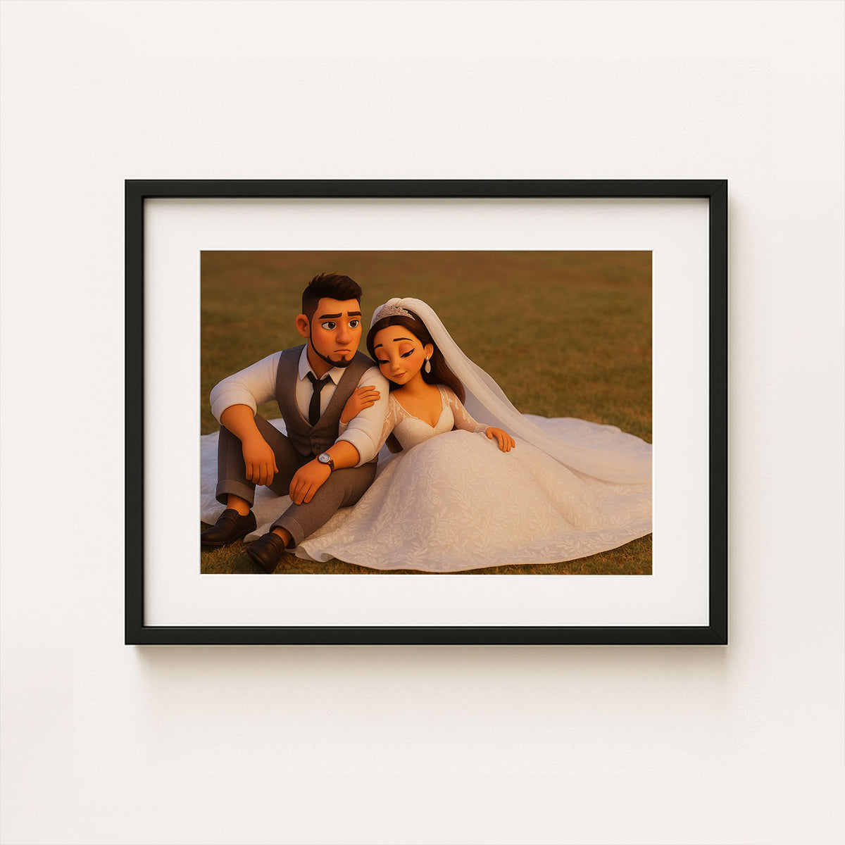 Charming Cartoon Wedding Portrait of a Bride and Groom in a Beautiful Forest Setting - Perfect for Home Decor
 - 5