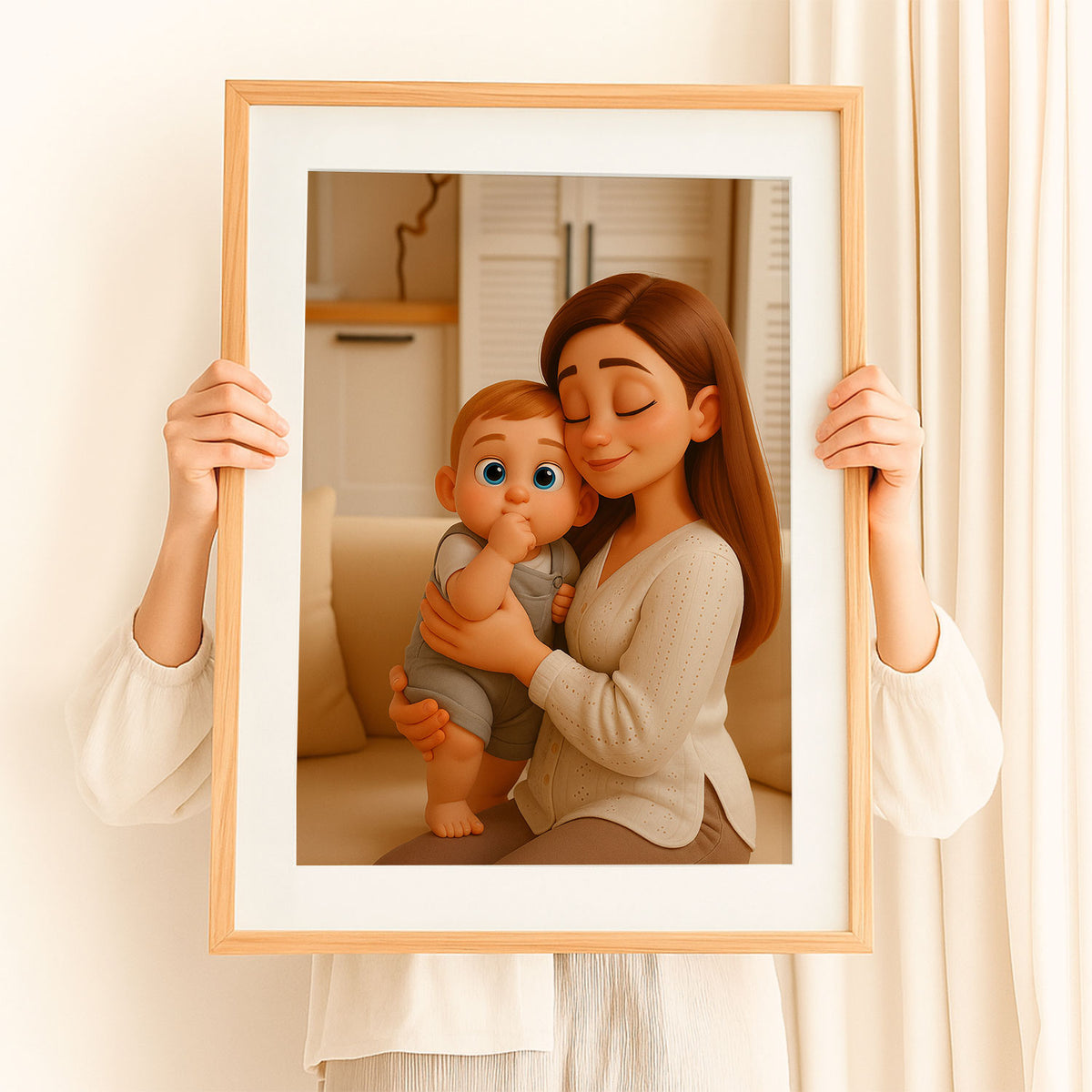 Heartwarming Cartoon Art Print of a Mother Joyfully Interacting with Her Baby in a Cozy Home Setting - Perfect for Nurseries and Family Spaces
 - 5