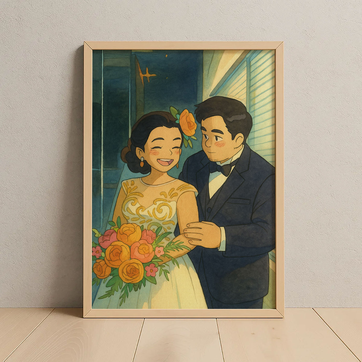 Charming Couple Illustration: Romantic Wedding Art in a Lush Garden Setting
 - 5