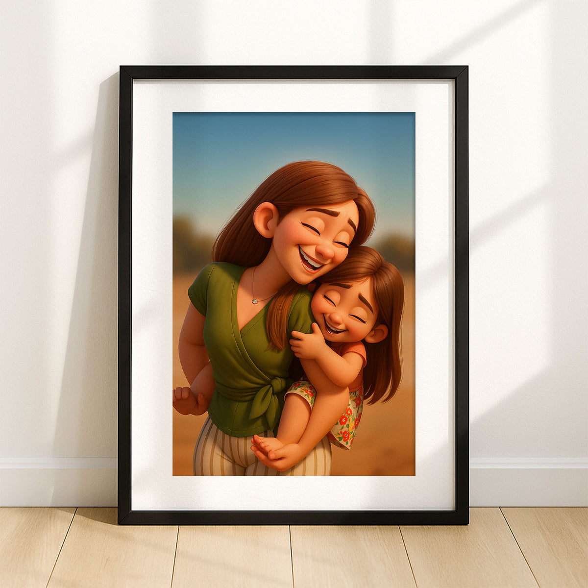 Charming Mother-Daughter Cartoon Art Print: Whimsical Illustration for Family Decor
 - 5