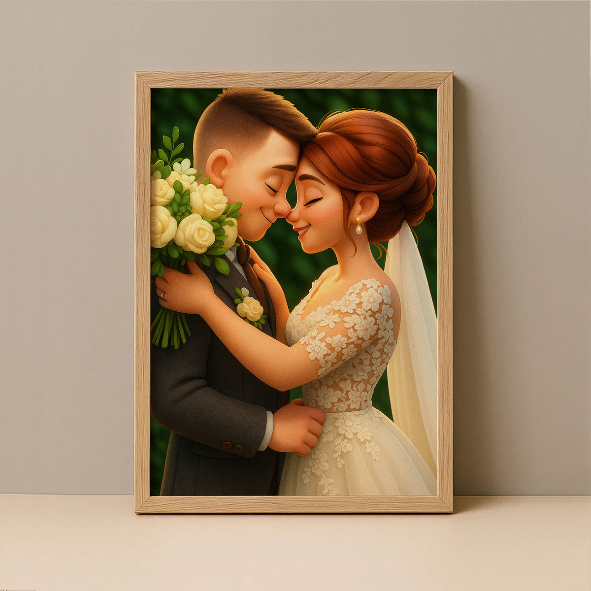 Charming Cartoon Wedding Art Print - Heartwarming Bride and Groom Illustration for Your Home Decor
 - 5