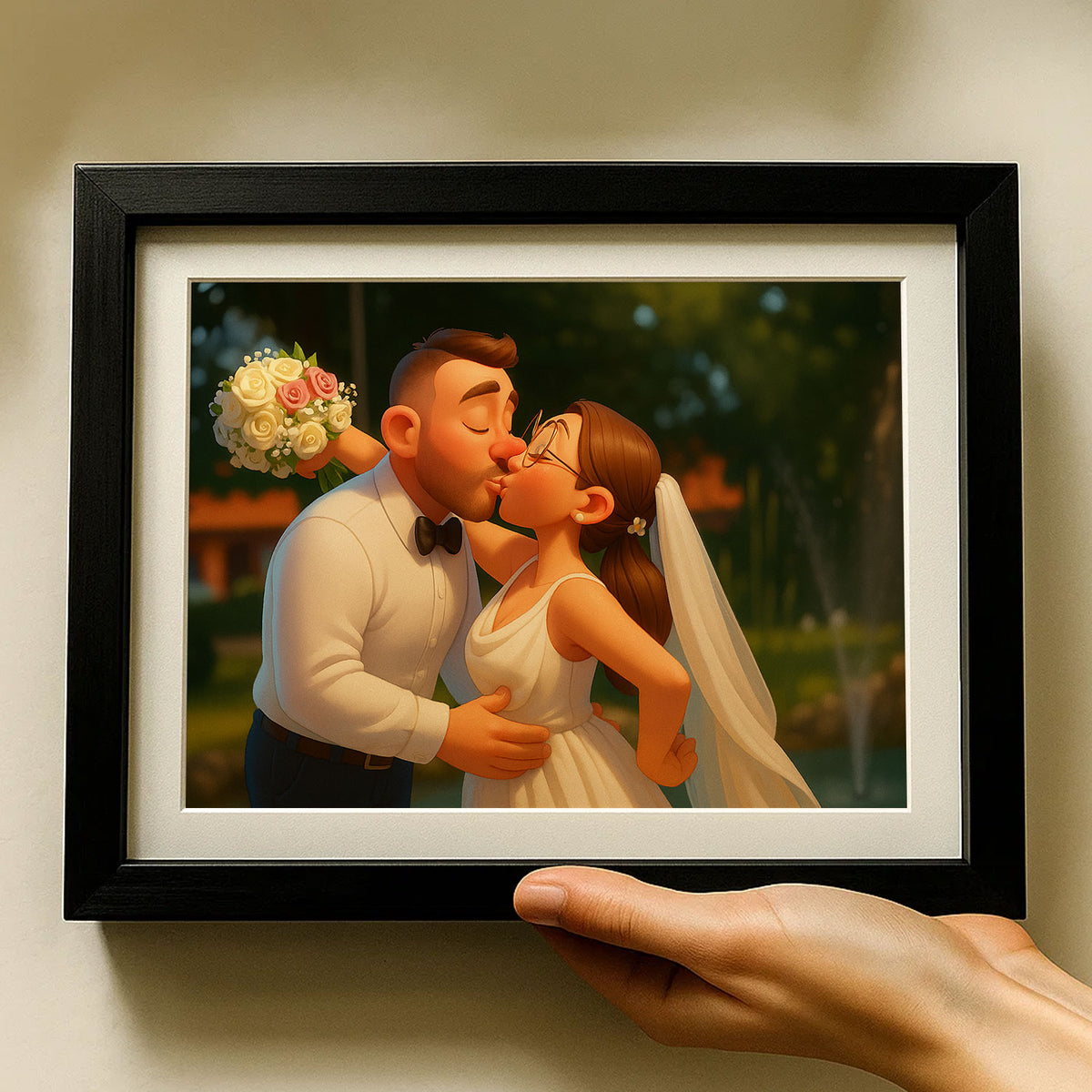 Charming Cartoon Wedding Portrait of a Happy Couple with Bouquet in Bright Colors
 - 5