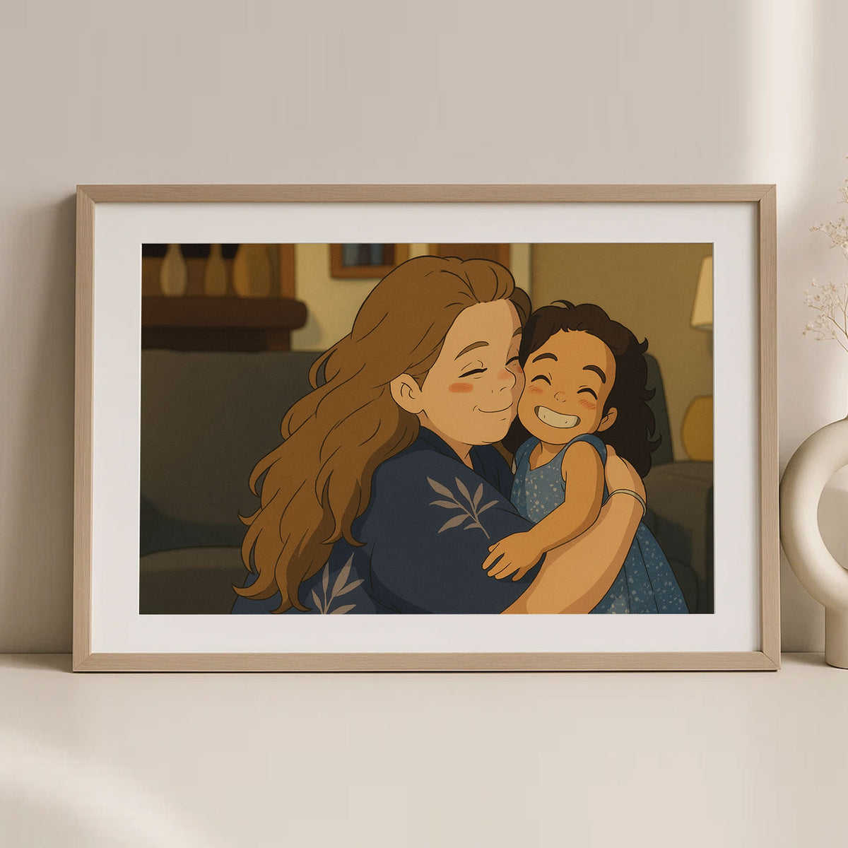 Joyful Bond: Colorful Cartoon Art of a Mother and Daughter Sharing Laughter and Love
 - 5