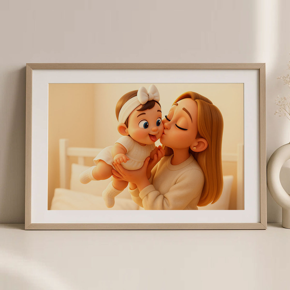Adorable Cartoon Style Art Print of a Joyful Mother Holding Her Baby: Perfect Gift for New Parents and Nursery Decor
 - 5