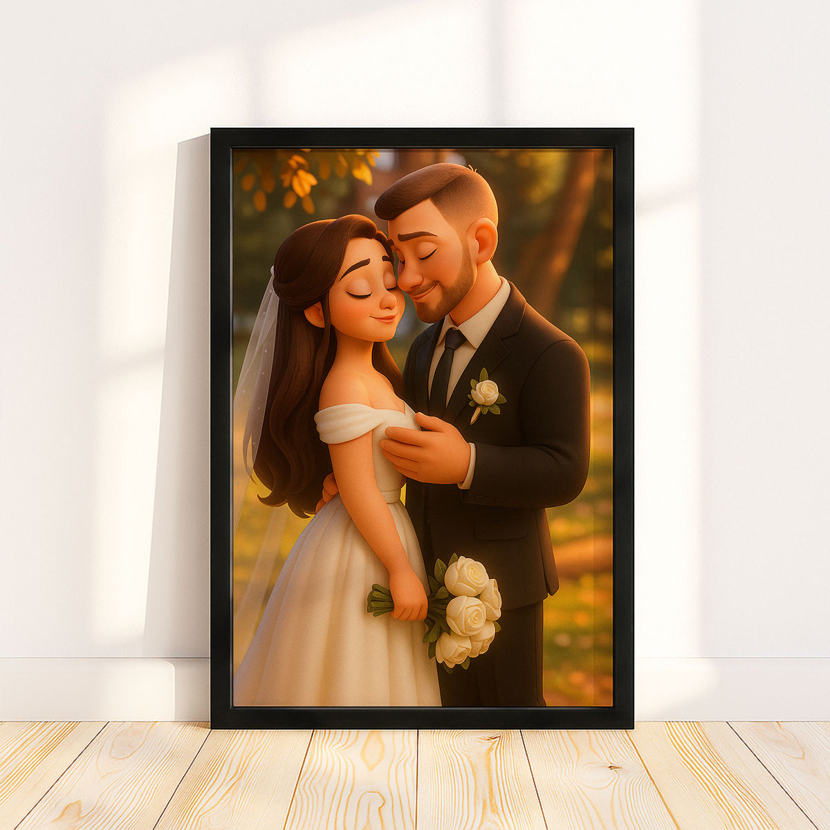 Charming Animated Wedding Portrait: Bride and Groom Embrace in Whimsical Art Style
 - 5