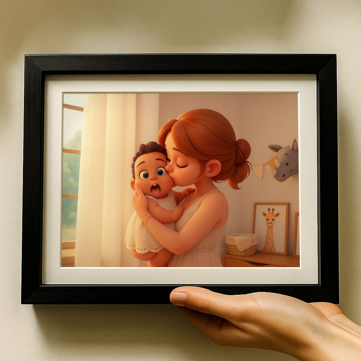 Adorable Cartoon Mom and Baby Art Print: Celebrate Love and Bonding in a Cozy Home Setting!
 - 5