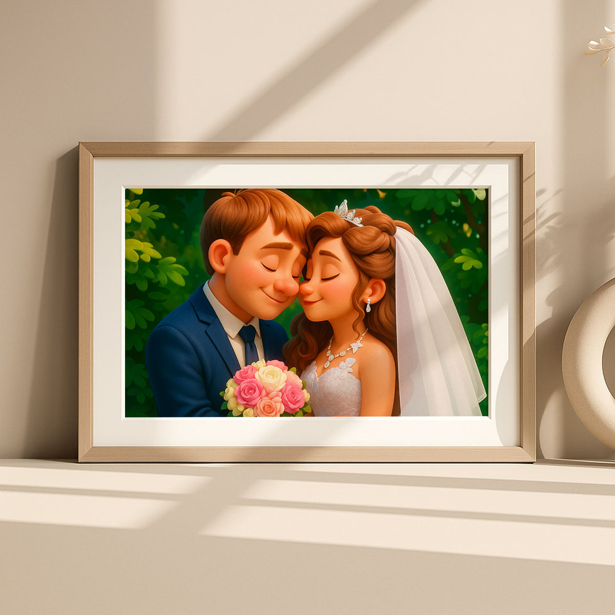 Charming Cartoon Wedding Portrait of a Happy Couple | Ideal Art for Home Decor
 - 5