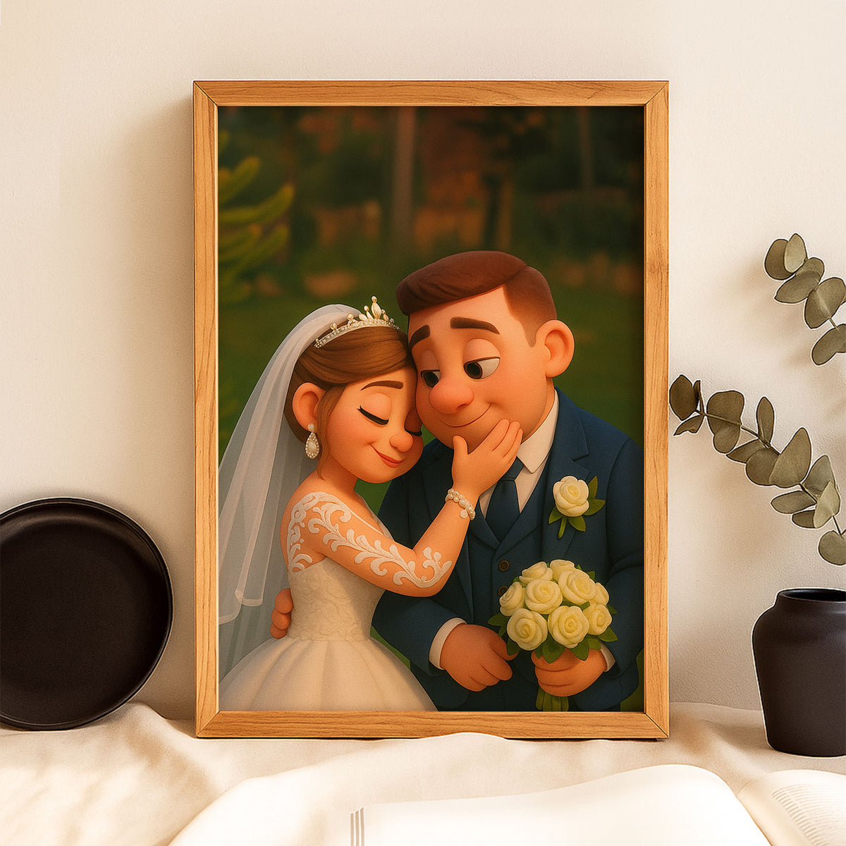 Whimsical Cartoon Wedding Portrait – Celebrate Love with a Charming Illustration of a Bride and Groom in a Joyful Embrace
 - 5