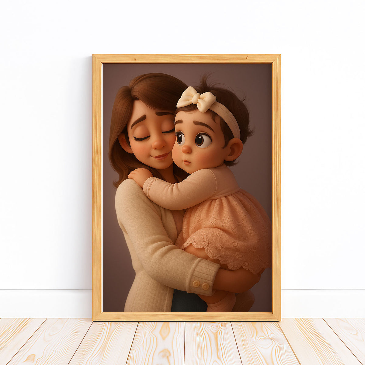 Heartwarming Cartoon Style Artwork of Mother Holding Sleeping Baby – Perfect Wall Decor for Nursery and Family Spaces
 - 5