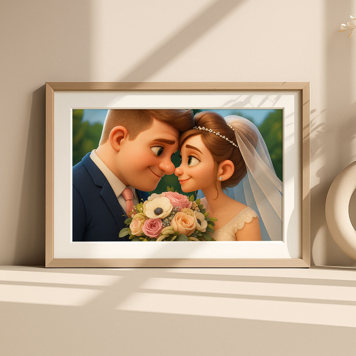 Charming Cartoon Wedding Portrait of Happy Couple in Vibrant Animation Style - Ideal for Home Decor
 - 5