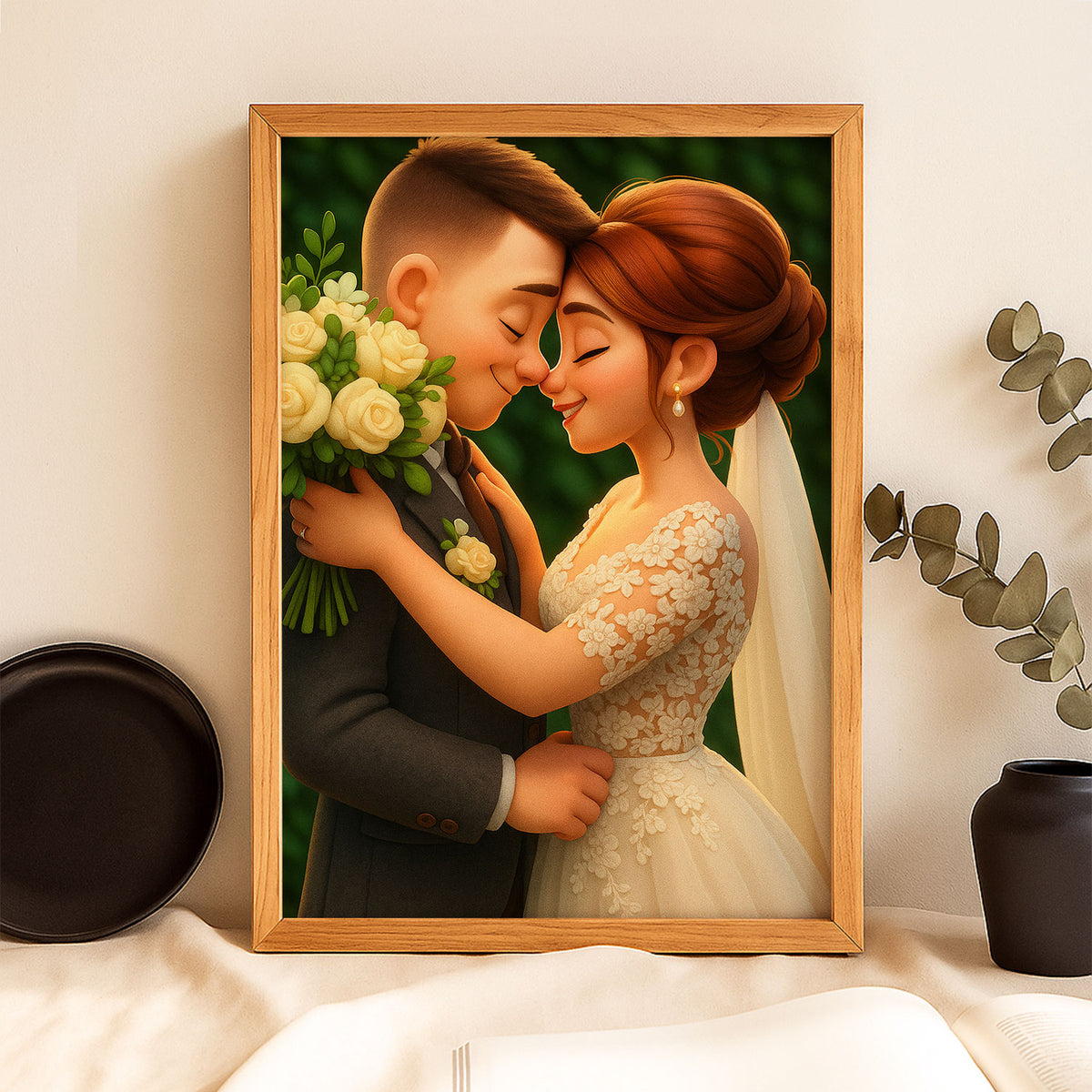 Charming Cartoon Wedding Art: Whimsical Illustration of Bride and Groom in Floral Setting
 - 5