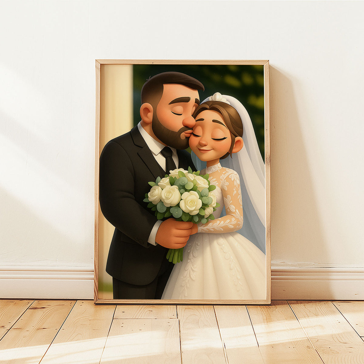 Charming Cartoon Wedding Portrait of a Happy Couple - Perfect Art for Home Decor and Wedding Memories
 - 5