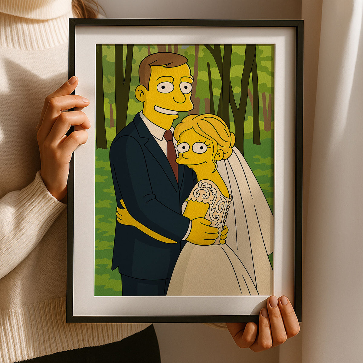 Whimsical Cartoon Wedding Kiss Art Print - Yellow Characters in a Romantic Forest Scene
 - 5