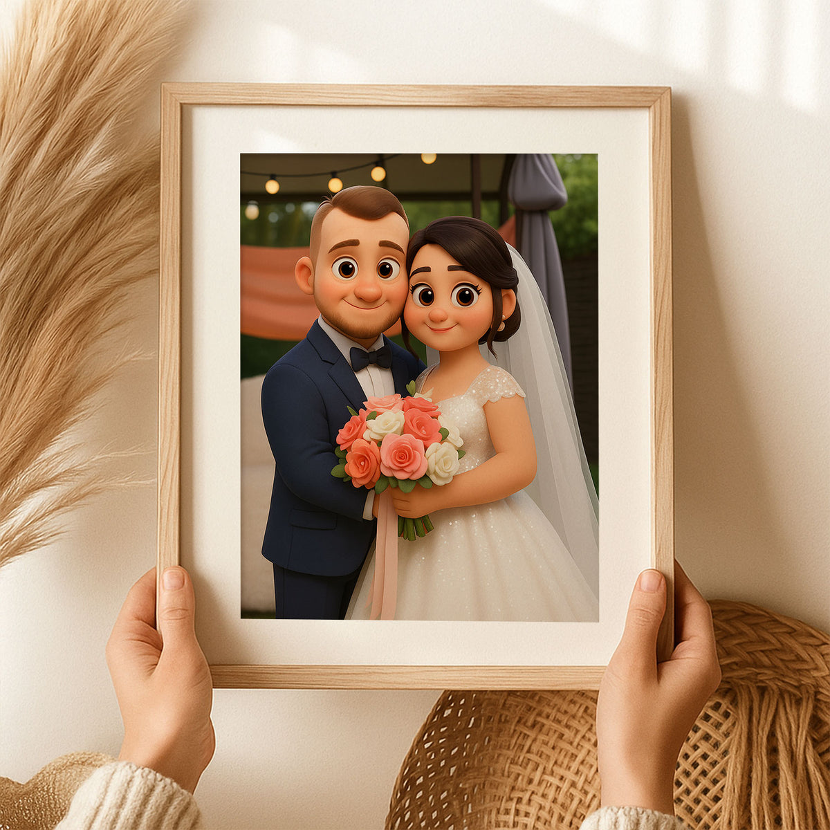 Whimsical Wedding Portrait: Charming Animated Style Art of Bride and Groom Embracing, Perfect for Love Celebrations
 - 5