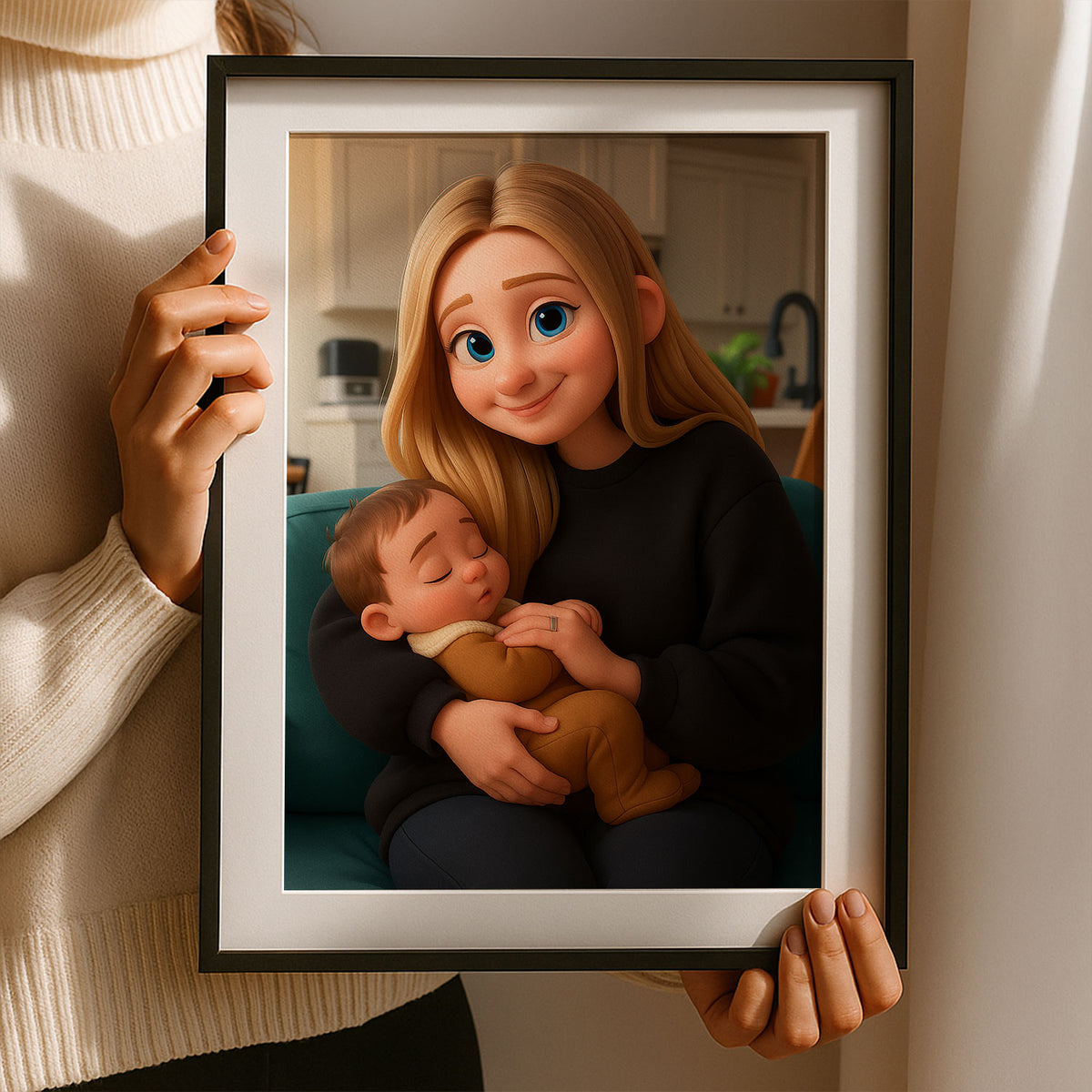 Heartwarming Cartoon Portrait of a Mother and Baby: Perfect Gift for New Parents and Nursery Decor
 - 5