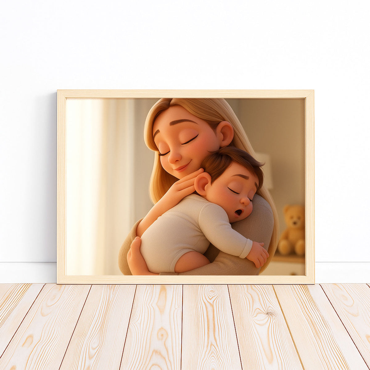 Heartwarming Digital Art of a Mother Embracing Her Sleeping Baby – Cute Cartoon Style Wall Decor for Nursery or Kids’ Room
 - 5