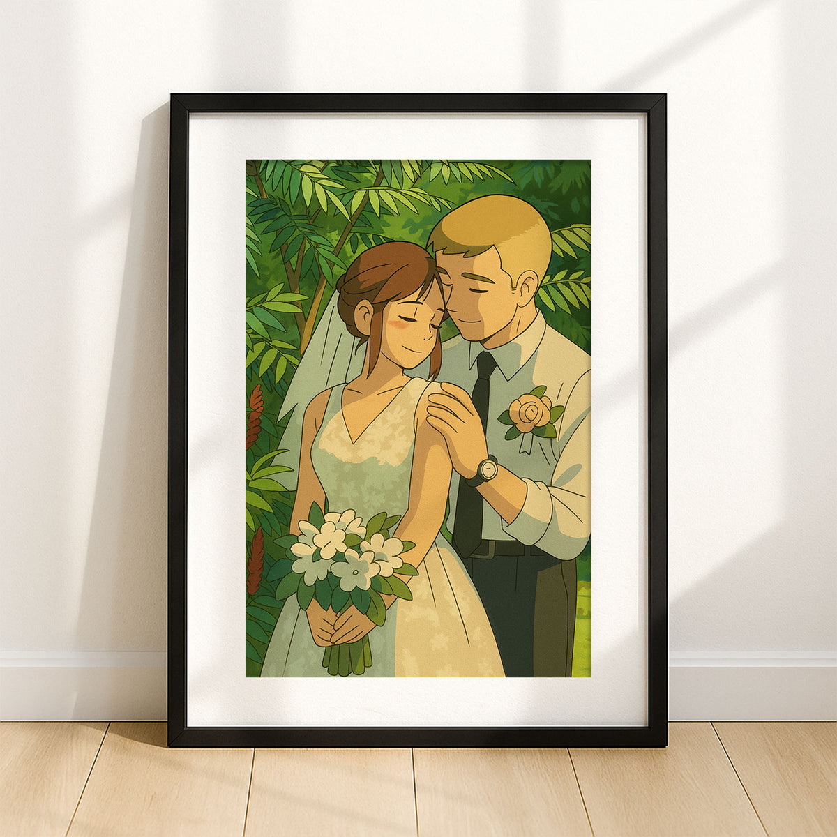 Charming Illustrated Wedding Portrait: Couple Embracing in Lush Greenery – Perfect for Home Decor and Gifts
 - 4