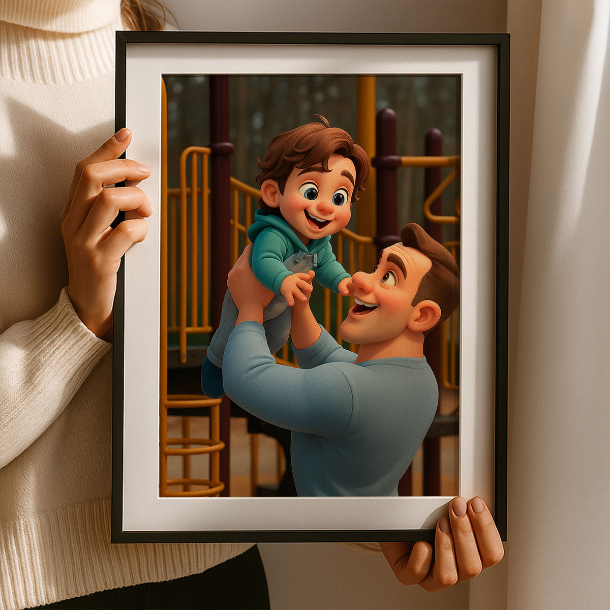 Heartwarming Cartoon Art of Dad and Son Joyfully Playing Together in a Colorful Autumn Landscape
 - 4