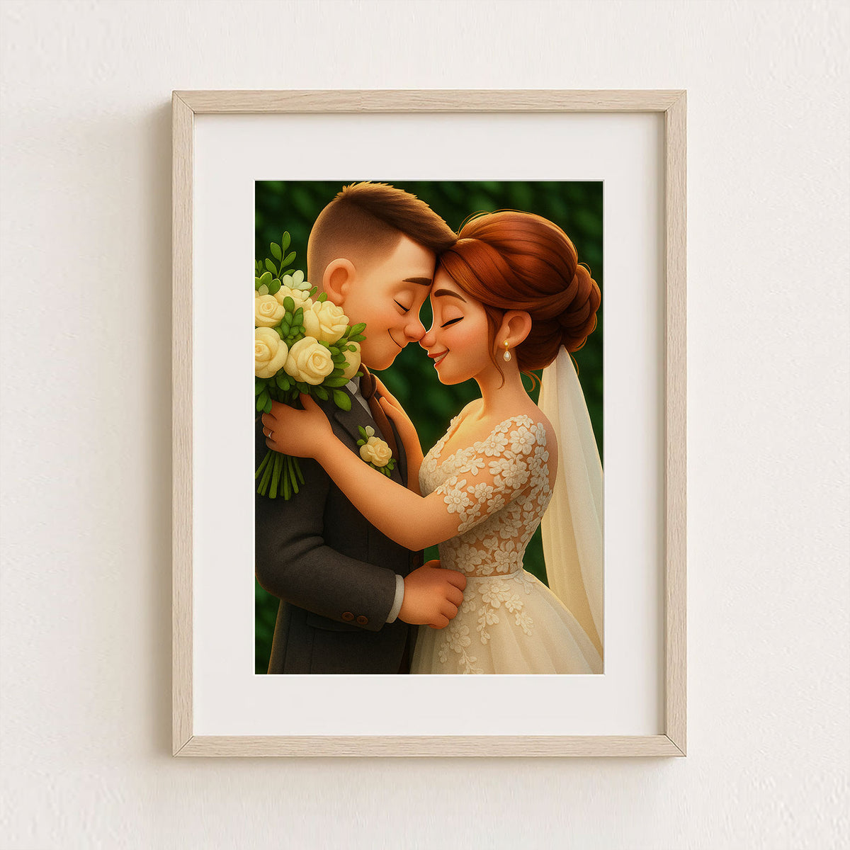 Charming Cartoon Wedding Portrait: Joyful Couple Embracing with Flowers in a Whimsical Art Style
 - 5
