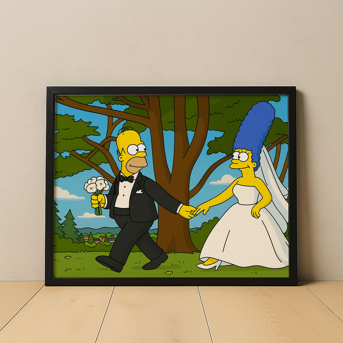 Whimsical Cartoon Wedding Art Print Featuring Homer and Marge in Iconic Simpsons Style
 - 5