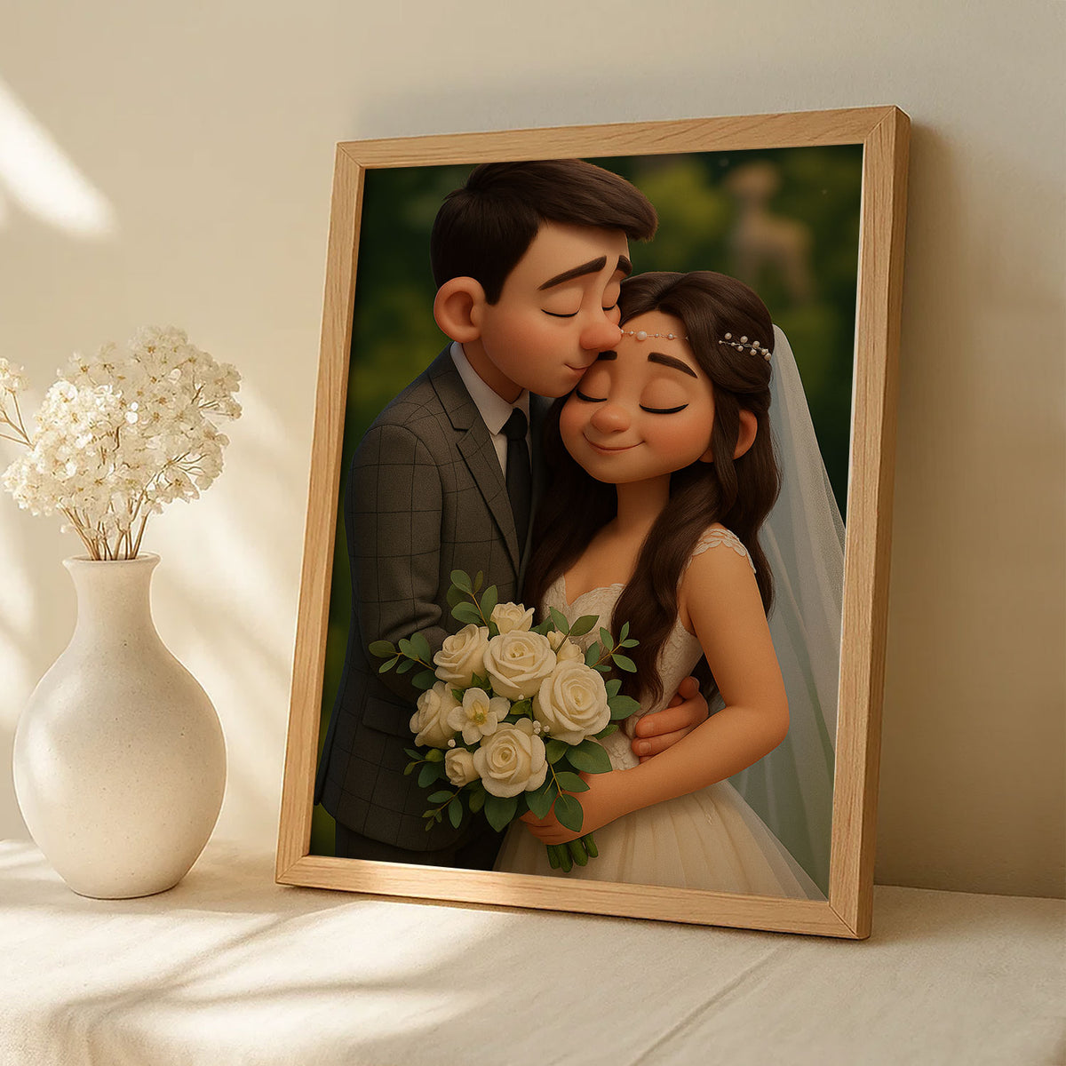 Whimsical Wedding Portrait: Charming Cartoon Art of Bride and Groom in Love
 - 5