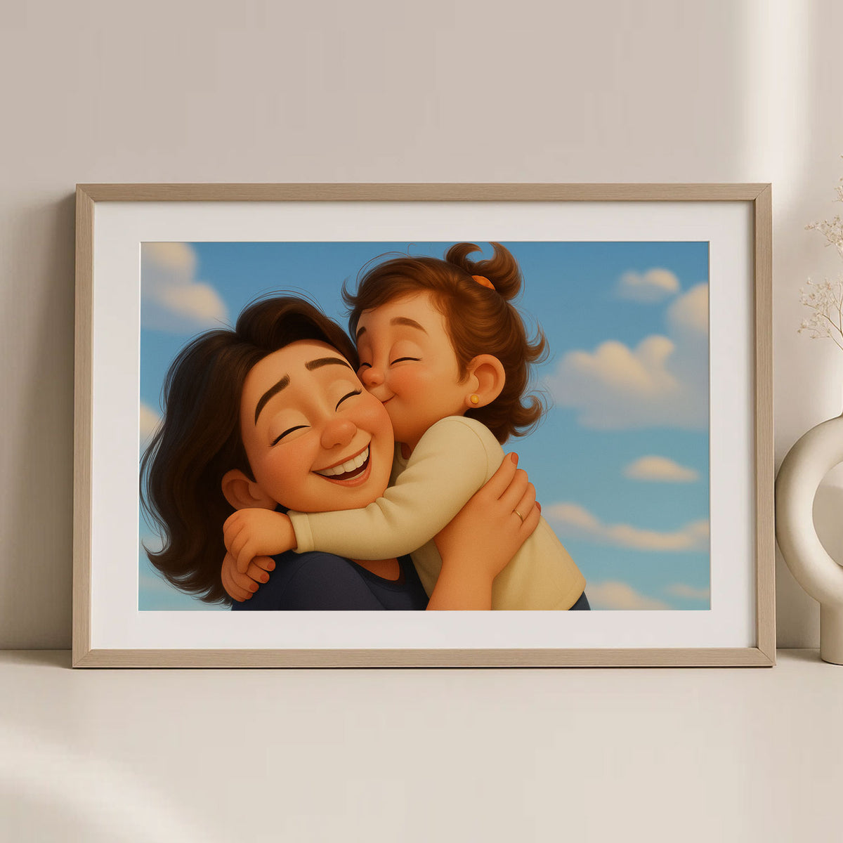 Heartwarming Cartoon Painting of a Girl and Her Mother Embracing on the Beach – Perfect Gift for Family Love
 - 5