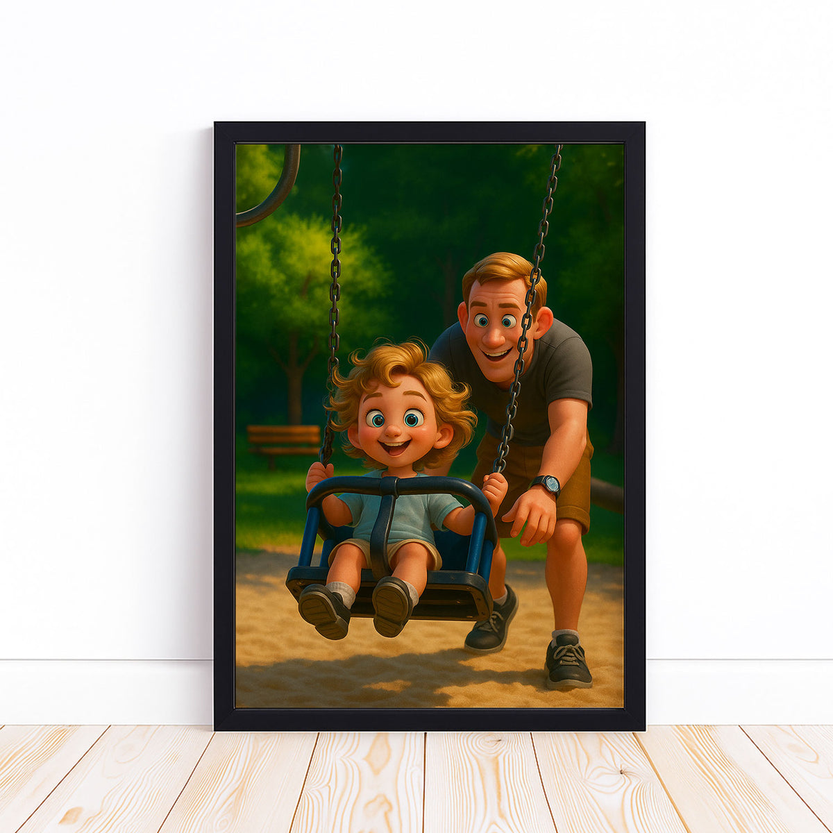 Joyful Swing Moments: Colorful Cartoon Art of a Father and Child at Play
 - 5