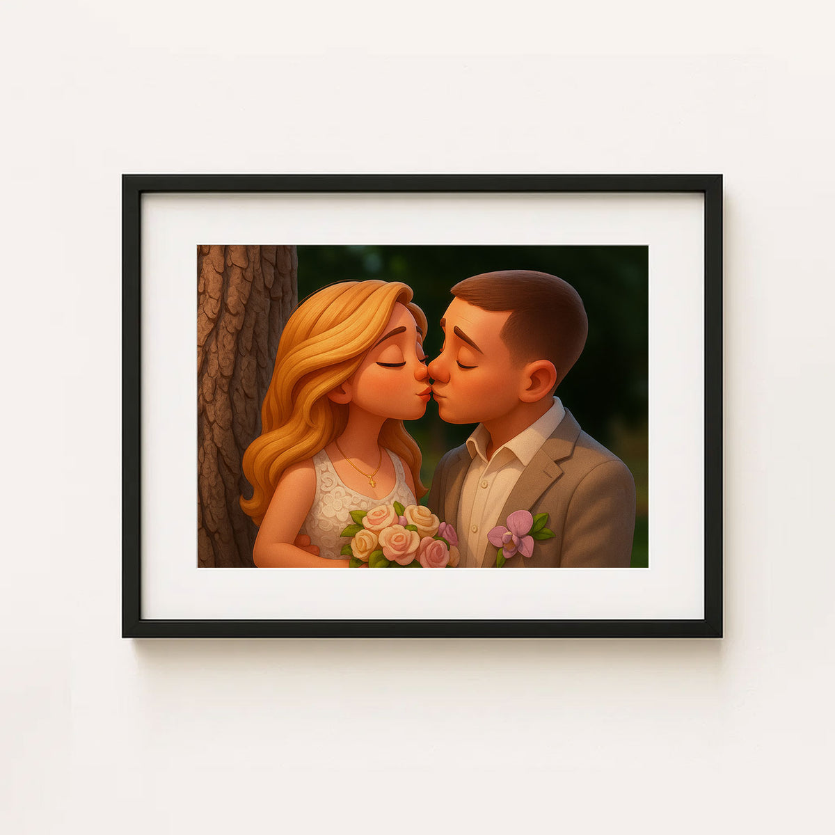 Charming Cartoon Wedding Couple Art Print - Whimsical Love Scene for Home Decor
 - 5