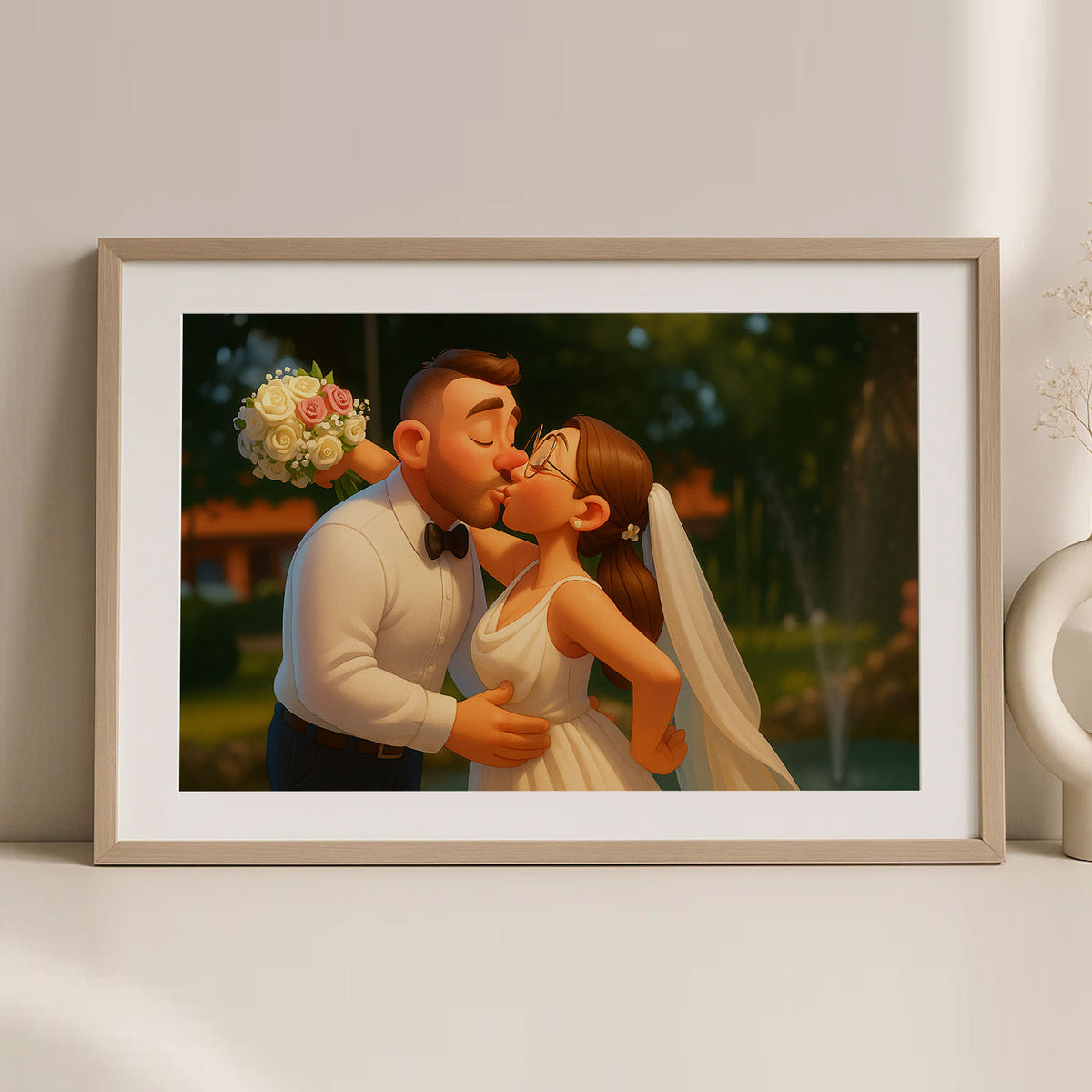 Charming Cartoon Wedding Portrait of Happy Couple - Whimsical Art for Love Celebrations
 - 5