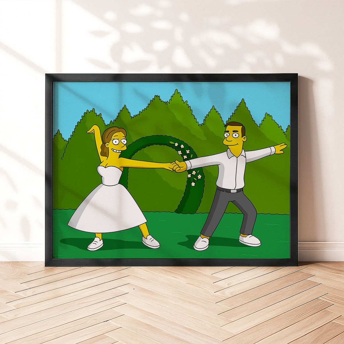 Charming Cartoon Wedding Art: Couples in Love with Dandelions - Whimsical Simpsons Style Framed Print
 - 5