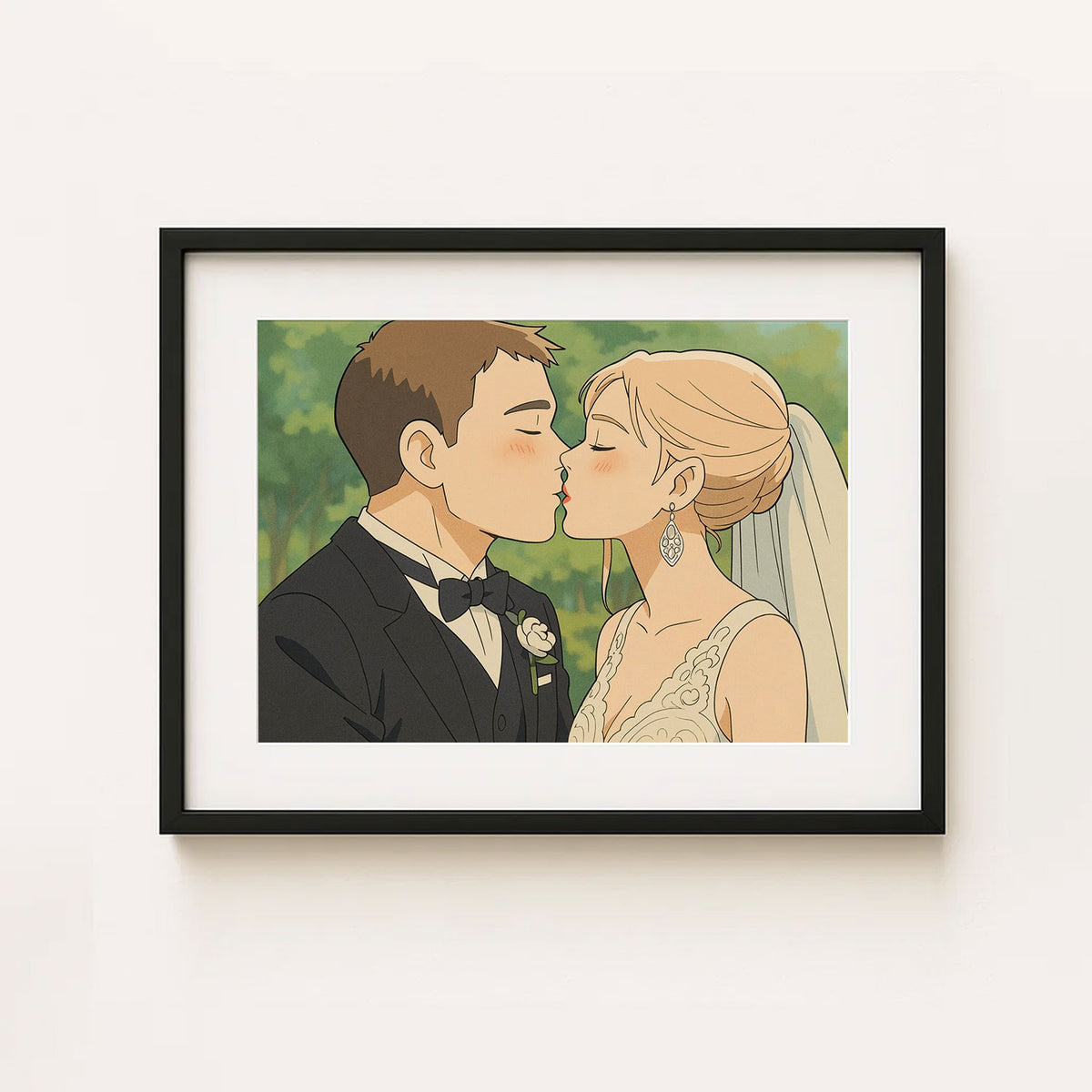 Romantic Cartoon Wedding Kiss Art Print - Elegant Couple Illustration for Home Décor
 - 5