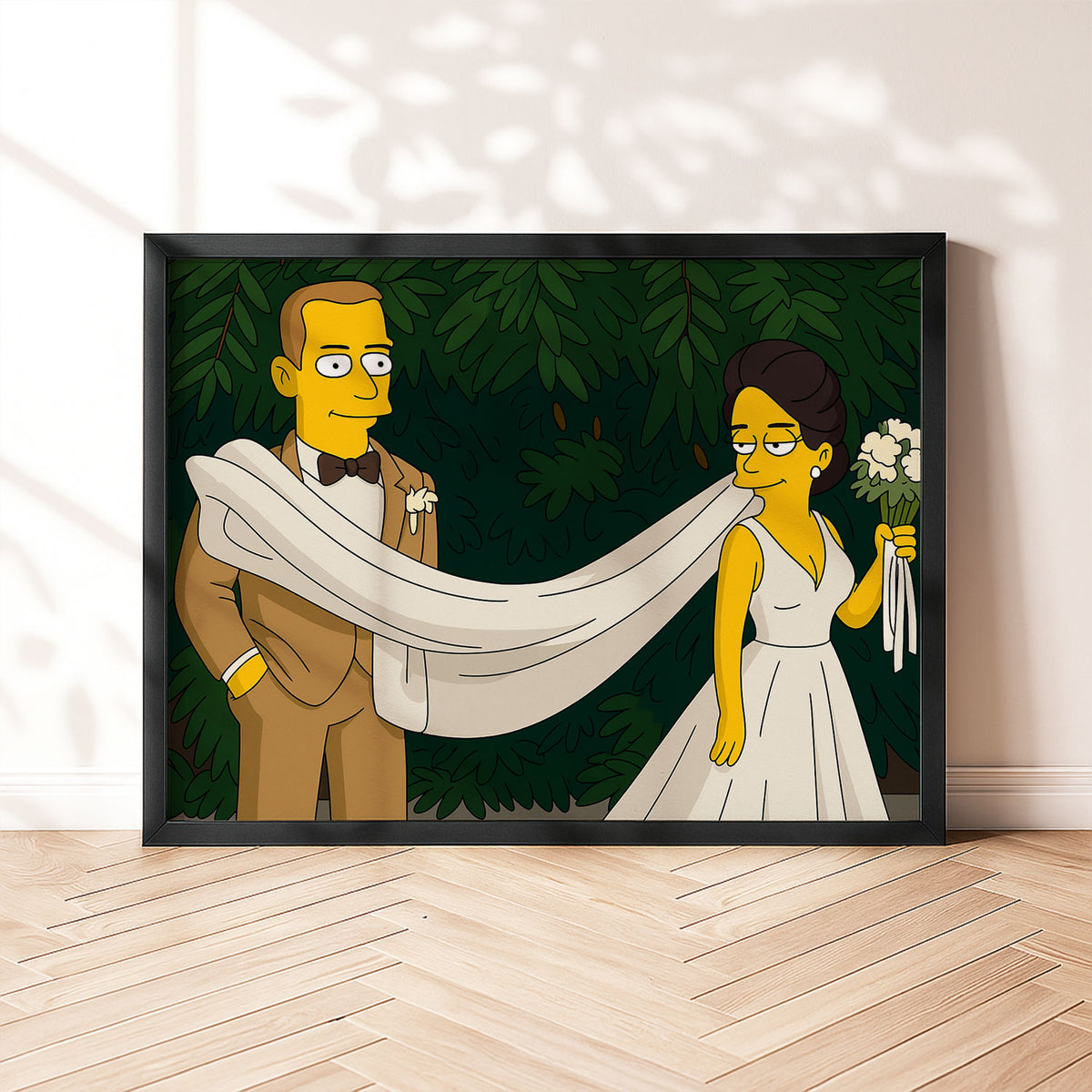 Whimsical Cartoon Wedding Art Print Featuring Cheerful Couple in Unique Animated Style
 - 5
